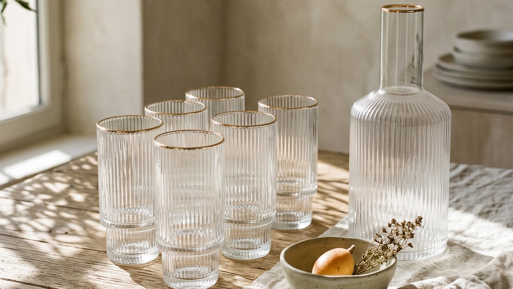 Verre à thé et carafe en verre soufflé, lumière rasante — Happy Muz Deco