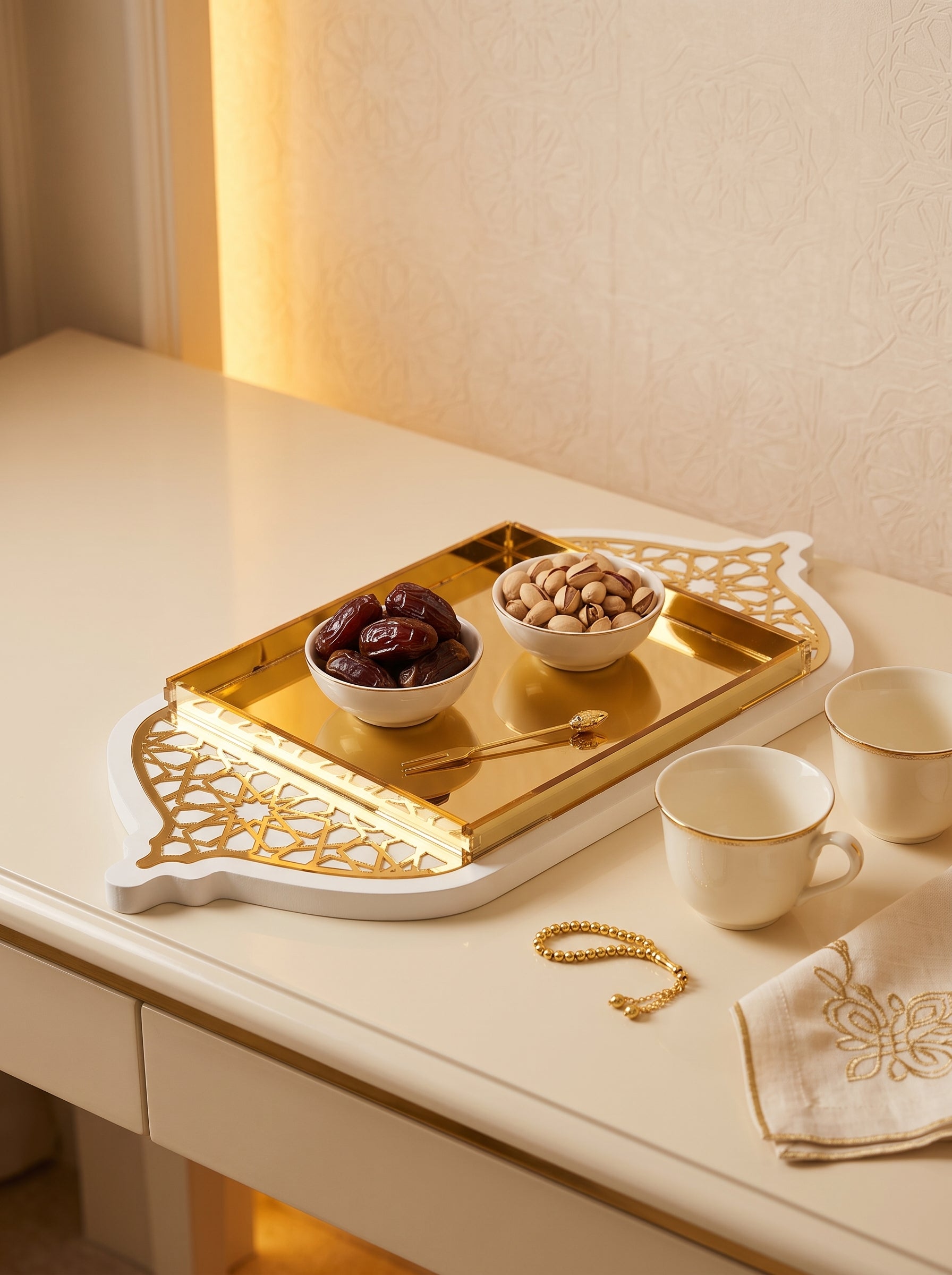 Plateau oriental en bois et acrylique petit - Blanc et doré
