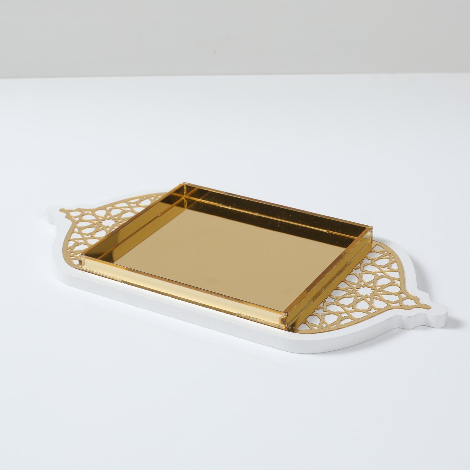 Plateau oriental en bois et acrylique grand - Blanc et doré - Happy Muz Deco