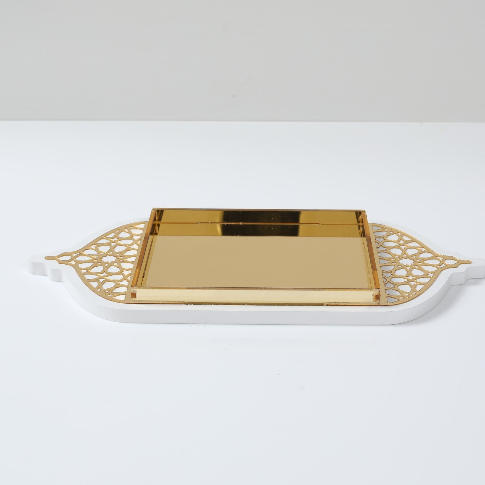 Plateau oriental en bois et acrylique grand - Blanc et doré - Happy Muz Deco