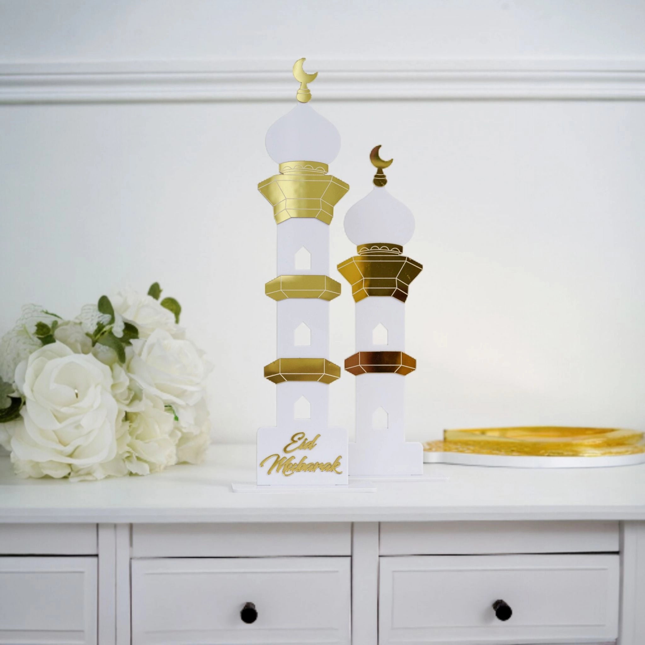 Déco en Acrylique Duo de Minarets Eid Mubarak - Blanc et Doré