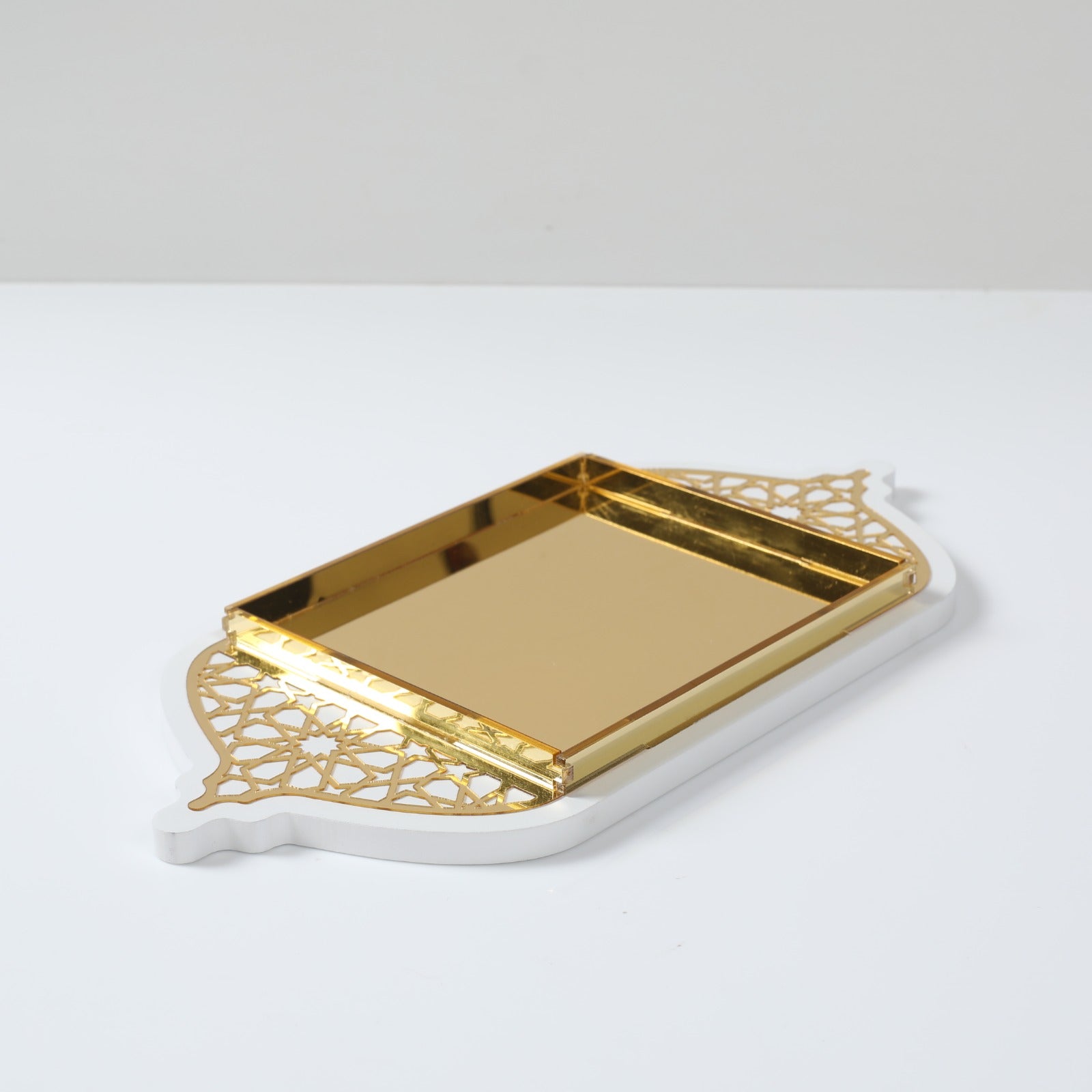 Plateau oriental en bois et acrylique petit - Blanc et doré - Happy Muz Deco