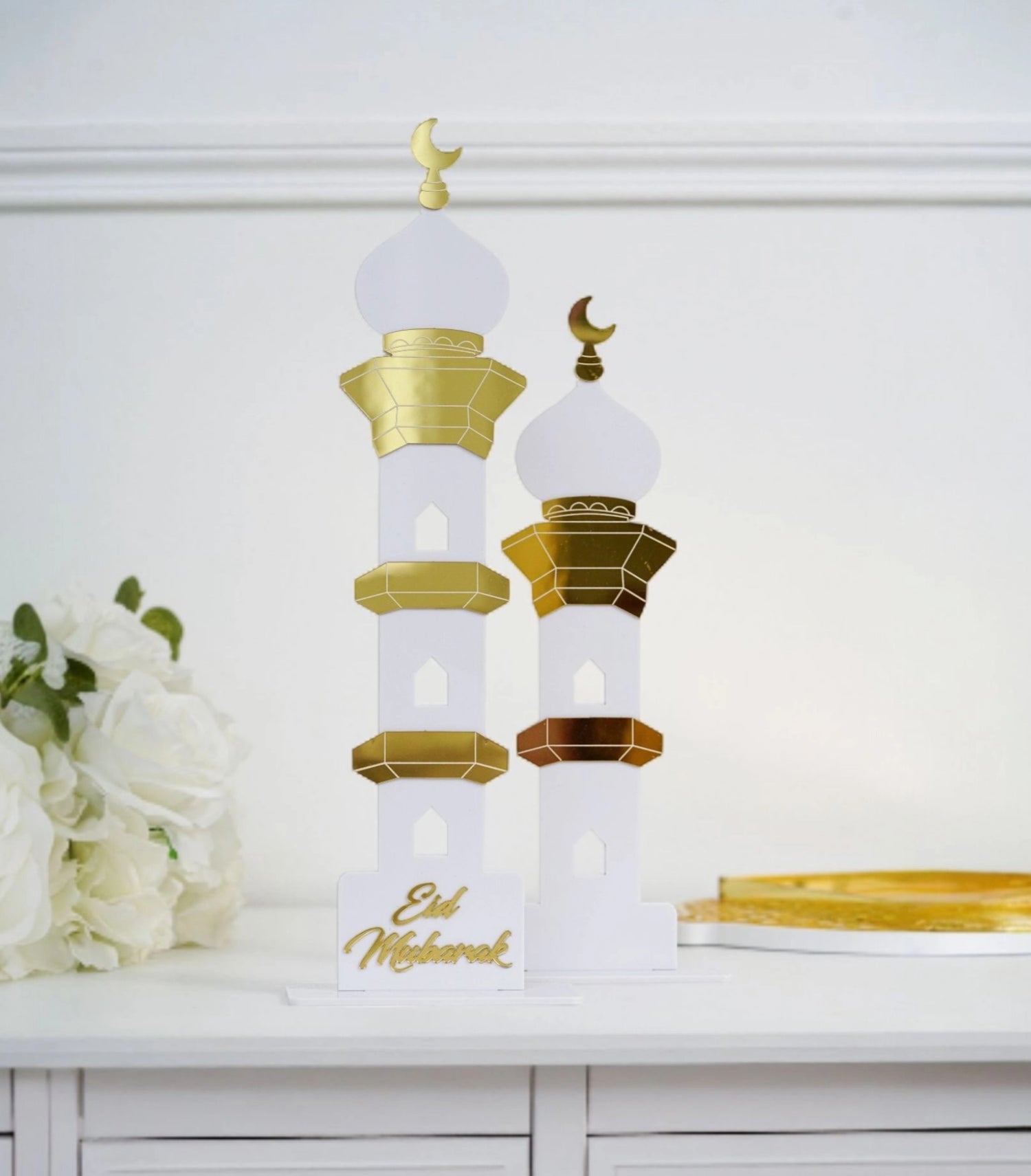 Déco en Acrylique Duo de Minarets Eid Mubarak - Blanc et Doré