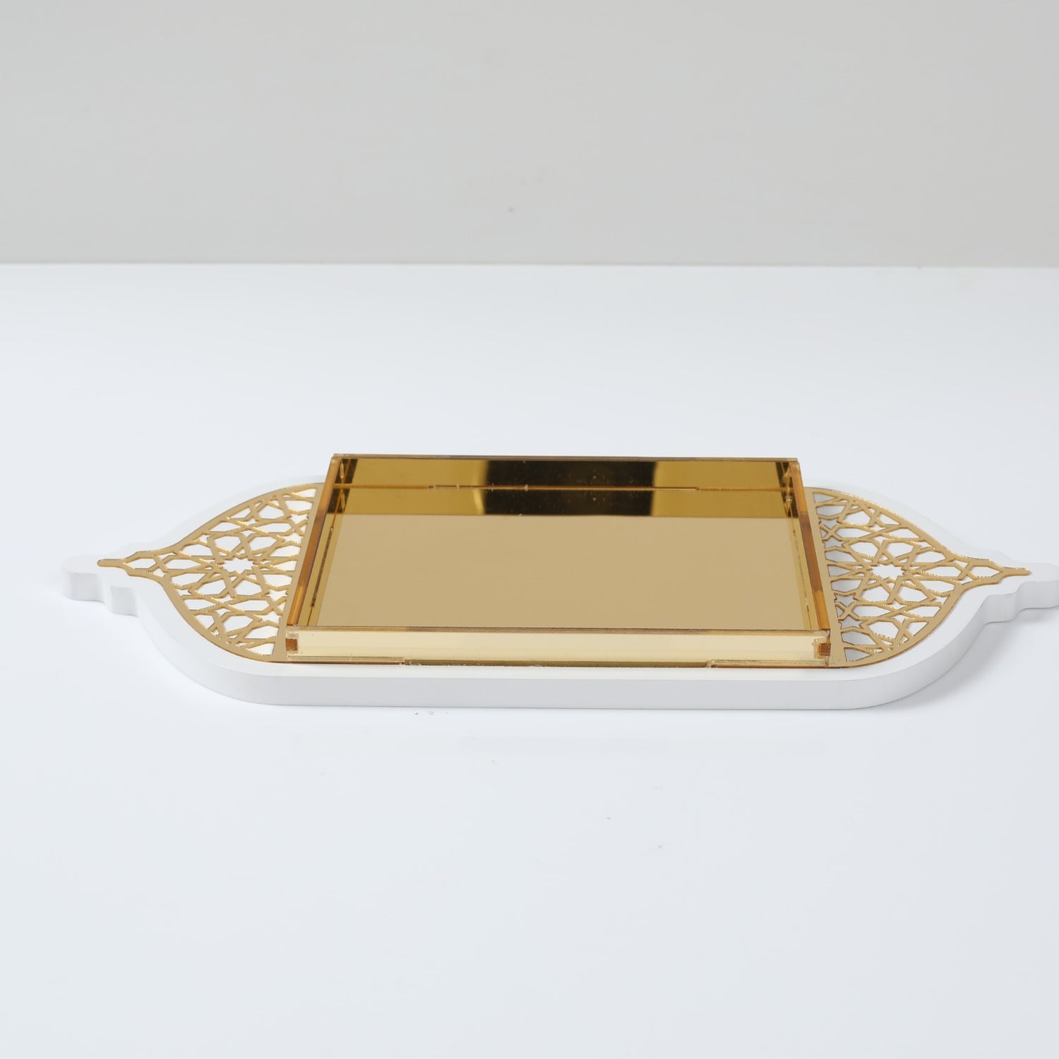 Plateau oriental en bois et acrylique petit - Blanc et doré - Happy Muz Deco