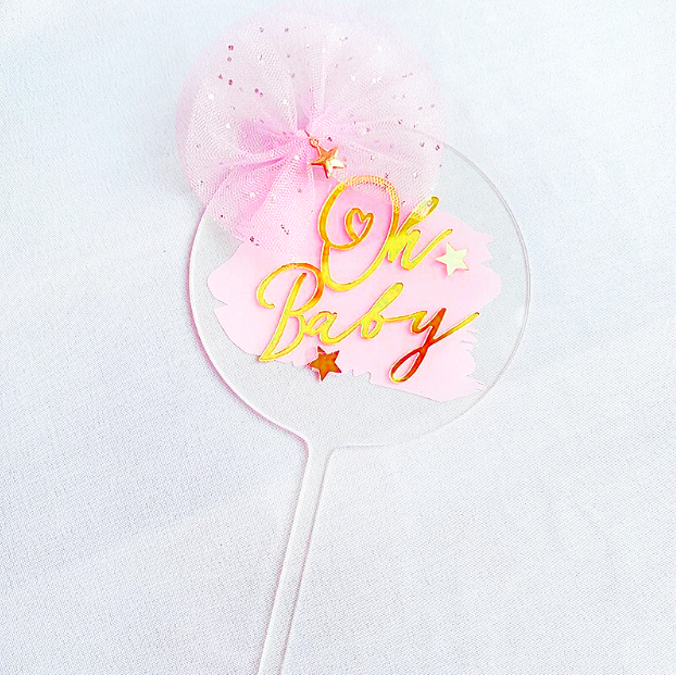 Cake topper Oh Baby avec noeud Rose