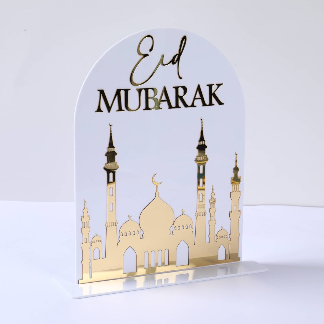 Déco en Acrylique Eid Mubarak motif Mosquée - Blanc et Doré - Happy Muz Deco