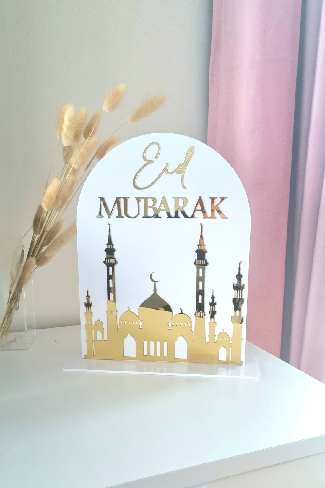 Déco en Acrylique Eid Mubarak motif Mosquée - Blanc et Doré