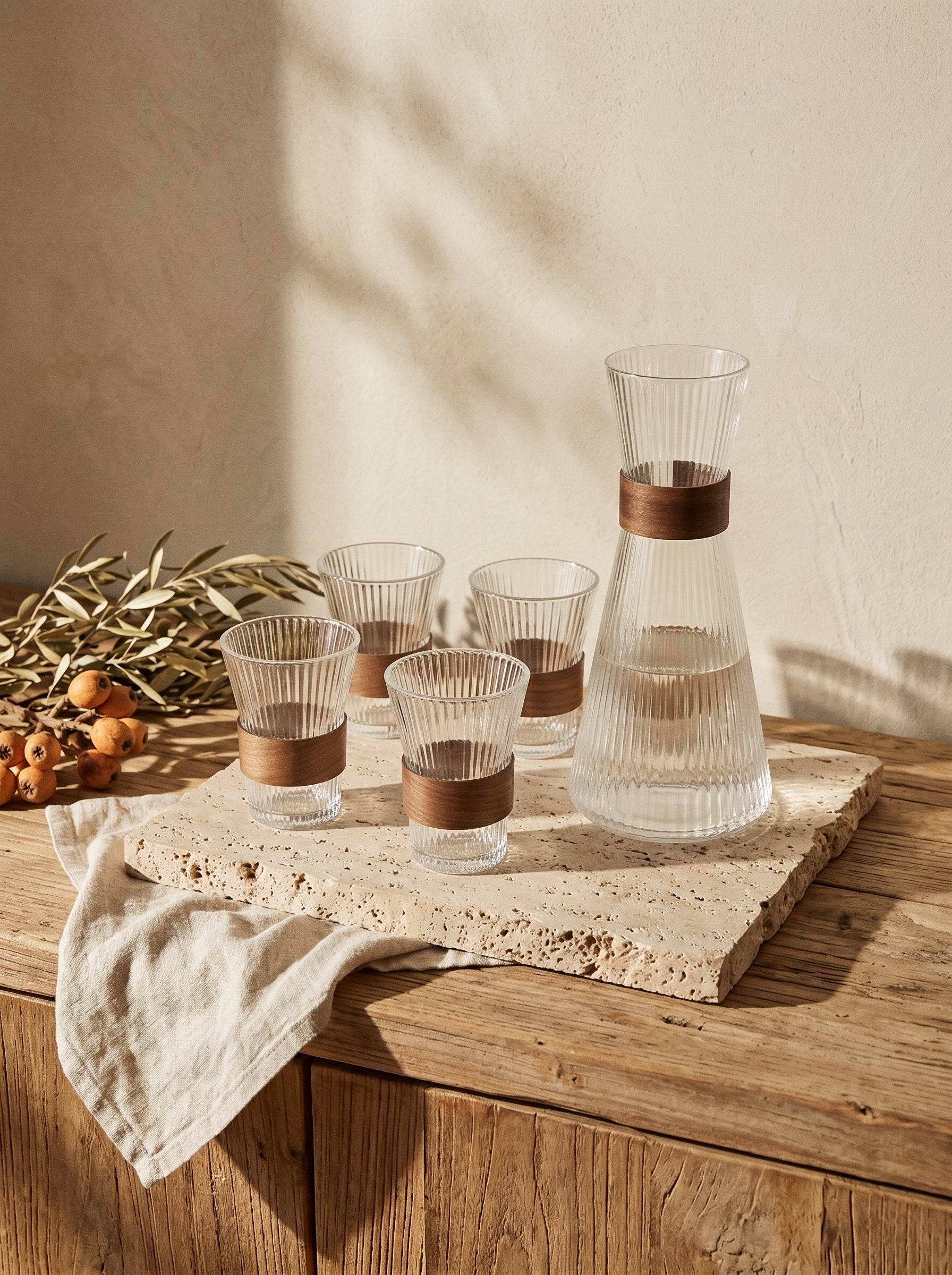 Service carafe et verres avec support en acacia