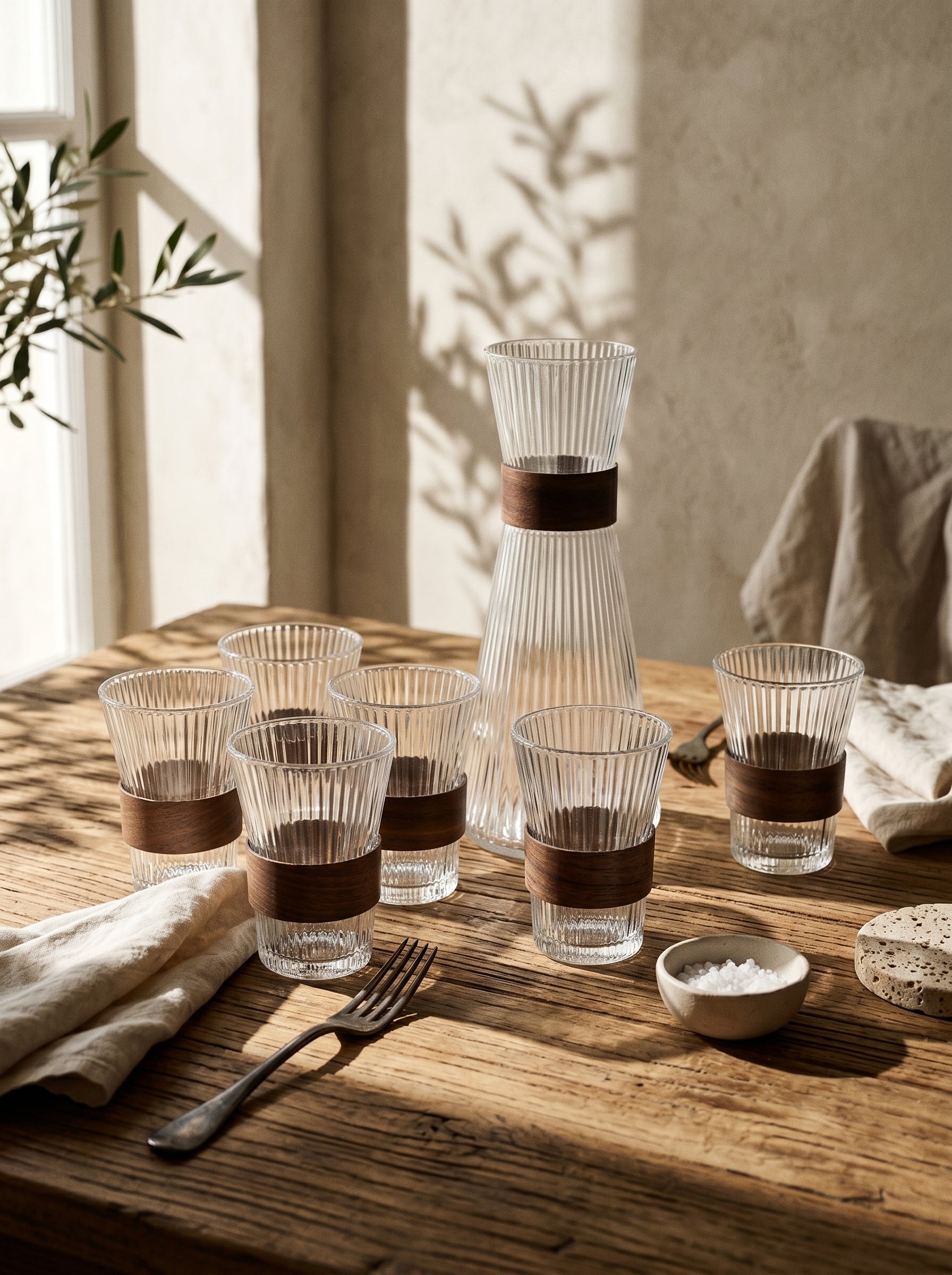 Service carafe et verres avec support en acacia