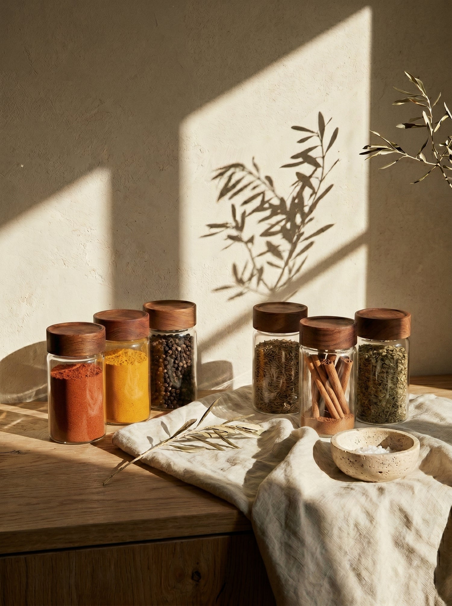 Lot de 6 pots à épices en bois d’acacia – 12 cm