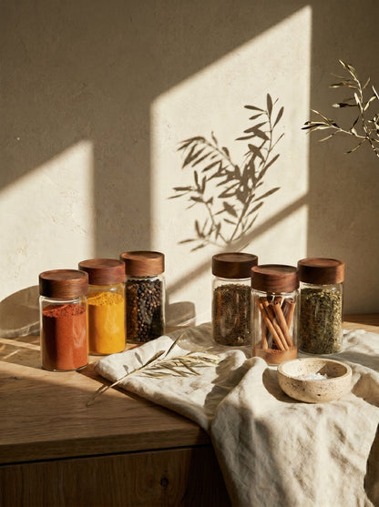 Lot de 6 pots à épices en bois d’acacia – 12 cm
