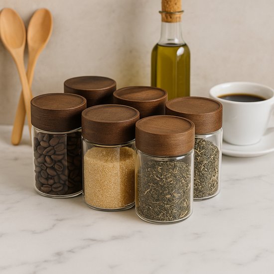 Lot de 6 pots à épices en bois d’acacia – 10 cm - Happymuzdeco