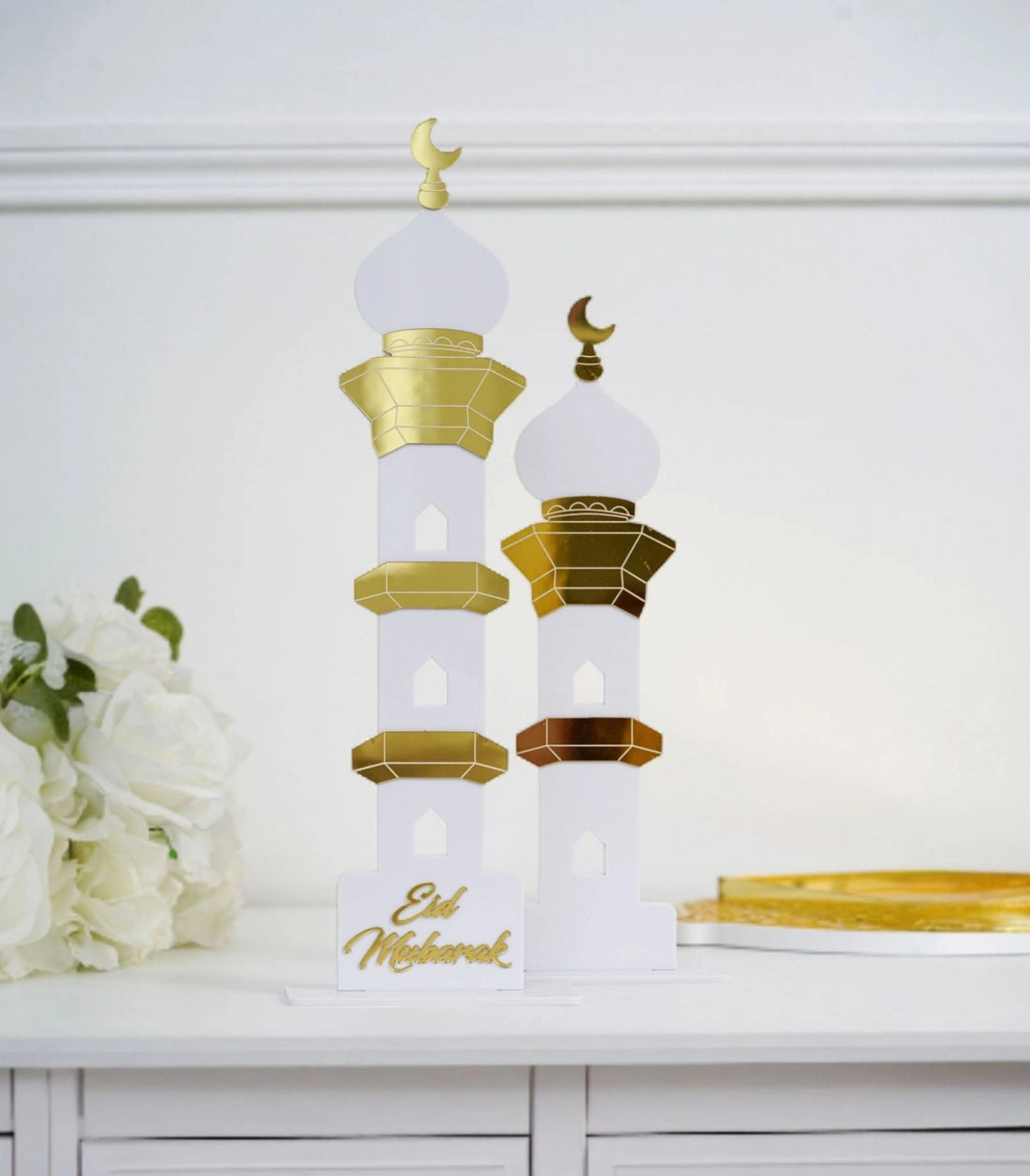 Déco en Acrylique Duo de Minarets Eid Mubarak - Blanc et Doré