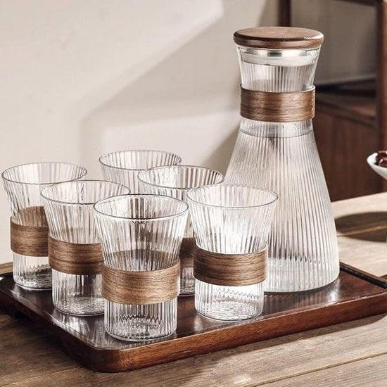 Service carafe et verres avec support en acacia - Happymuzdeco
