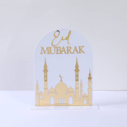 Déco en Acrylique Eid Mubarak motif Mosquée - Blanc et Doré
