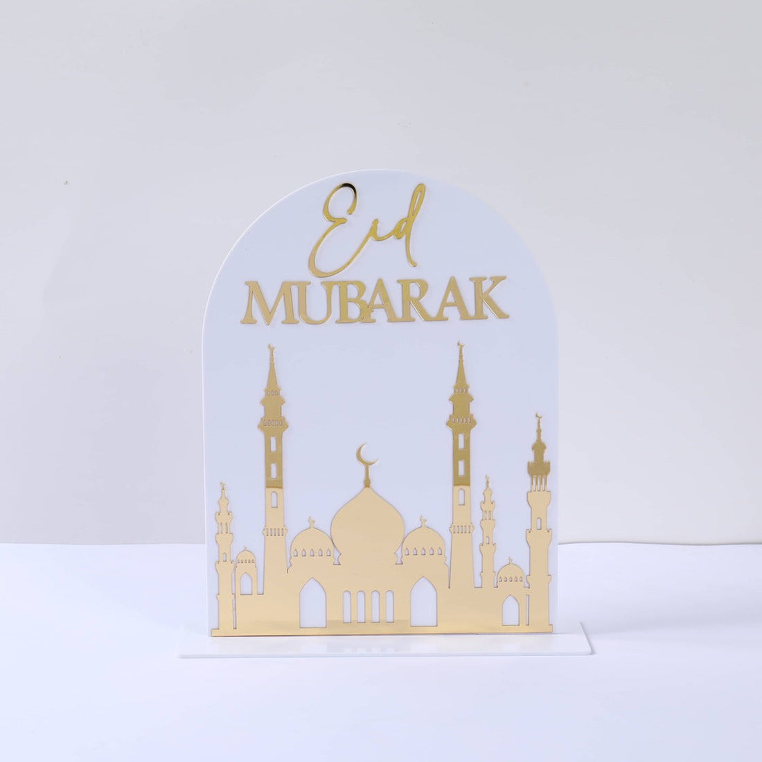 Déco en Acrylique Eid Mubarak motif Mosquée - Blanc et Doré - Happy Muz Deco