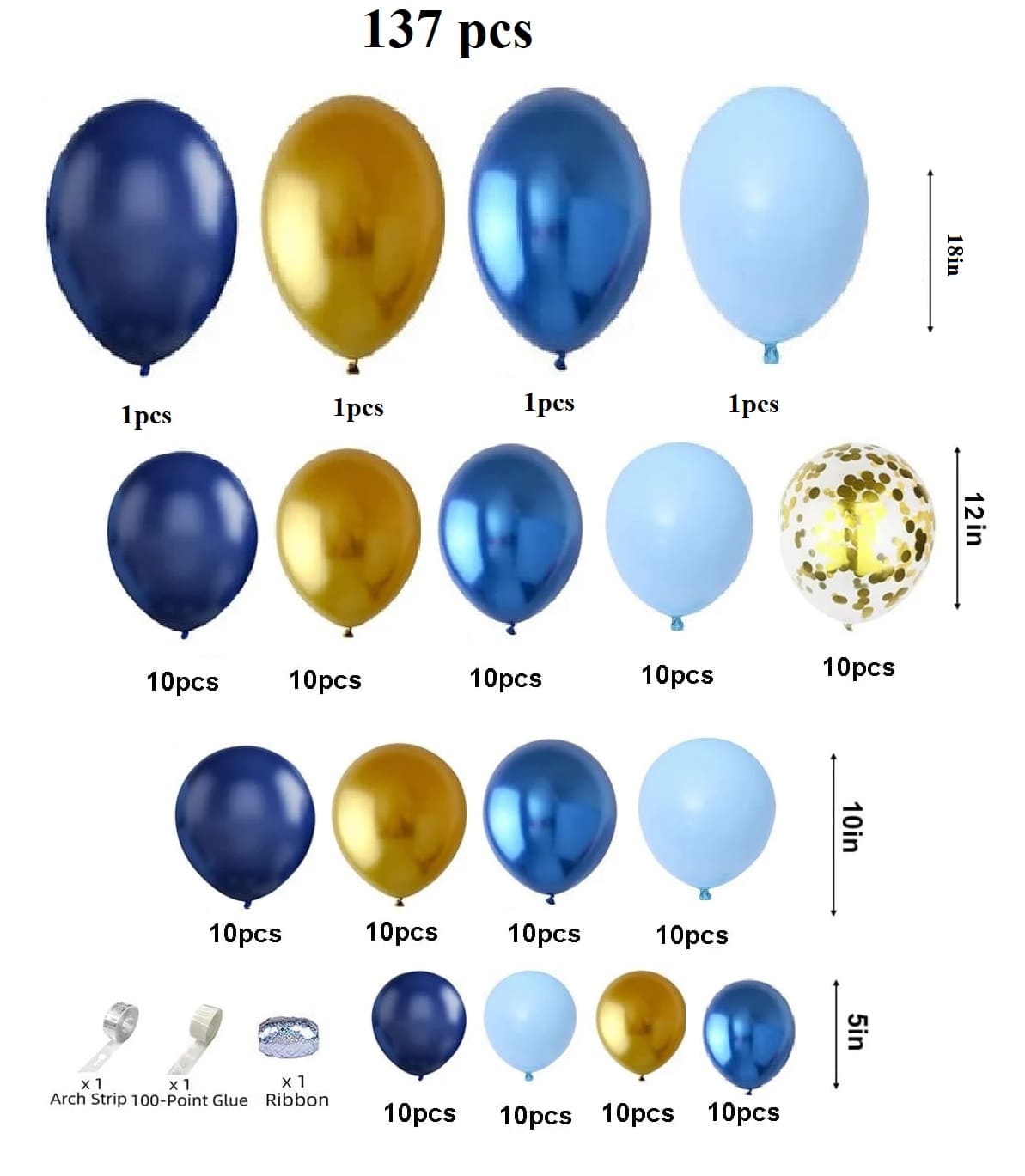 Kit arche à ballons bleu et doré (137 ballons)