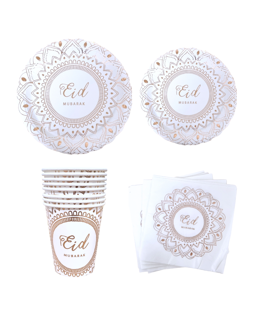 Vaisselle Eid Mubarak blanc et rose - Happy Muz Deco