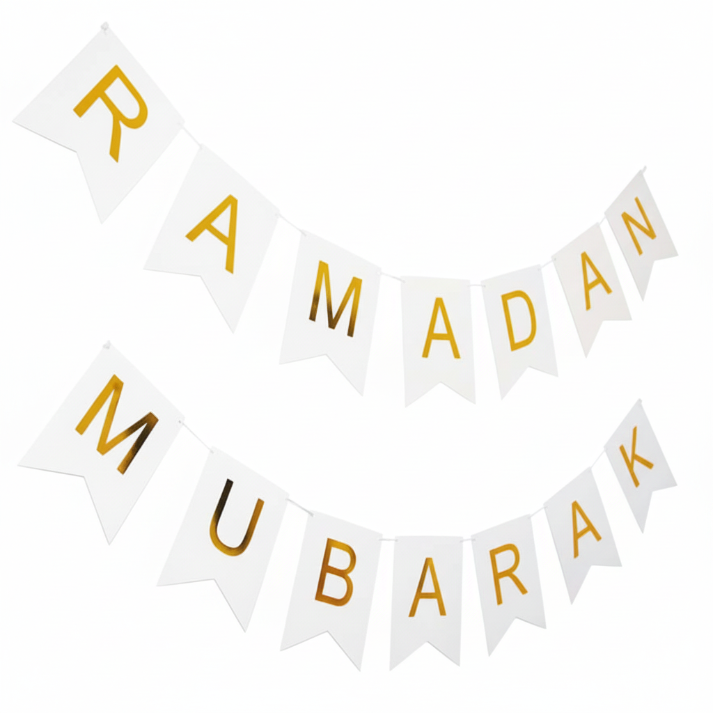 Banderole bannière Ramadan Mubarak - Blanc et doré - Happy Muz Deco