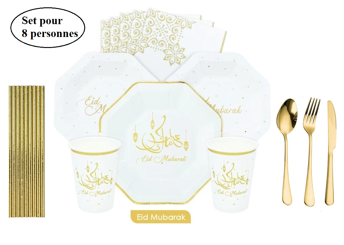 Set Vaisselles de table Eid Mubarak Blanc 72 pièces (bientôt disponible) - Happy Muz Deco